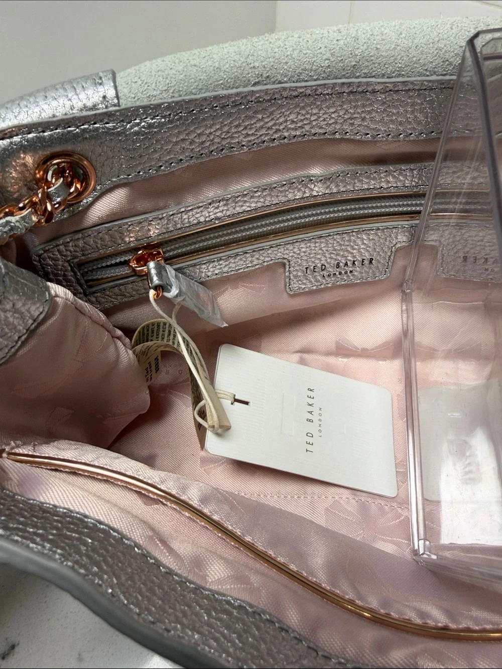 NWT Ted Baker London Parson Pebbled Metallic Silver Leather Crossbody Bag